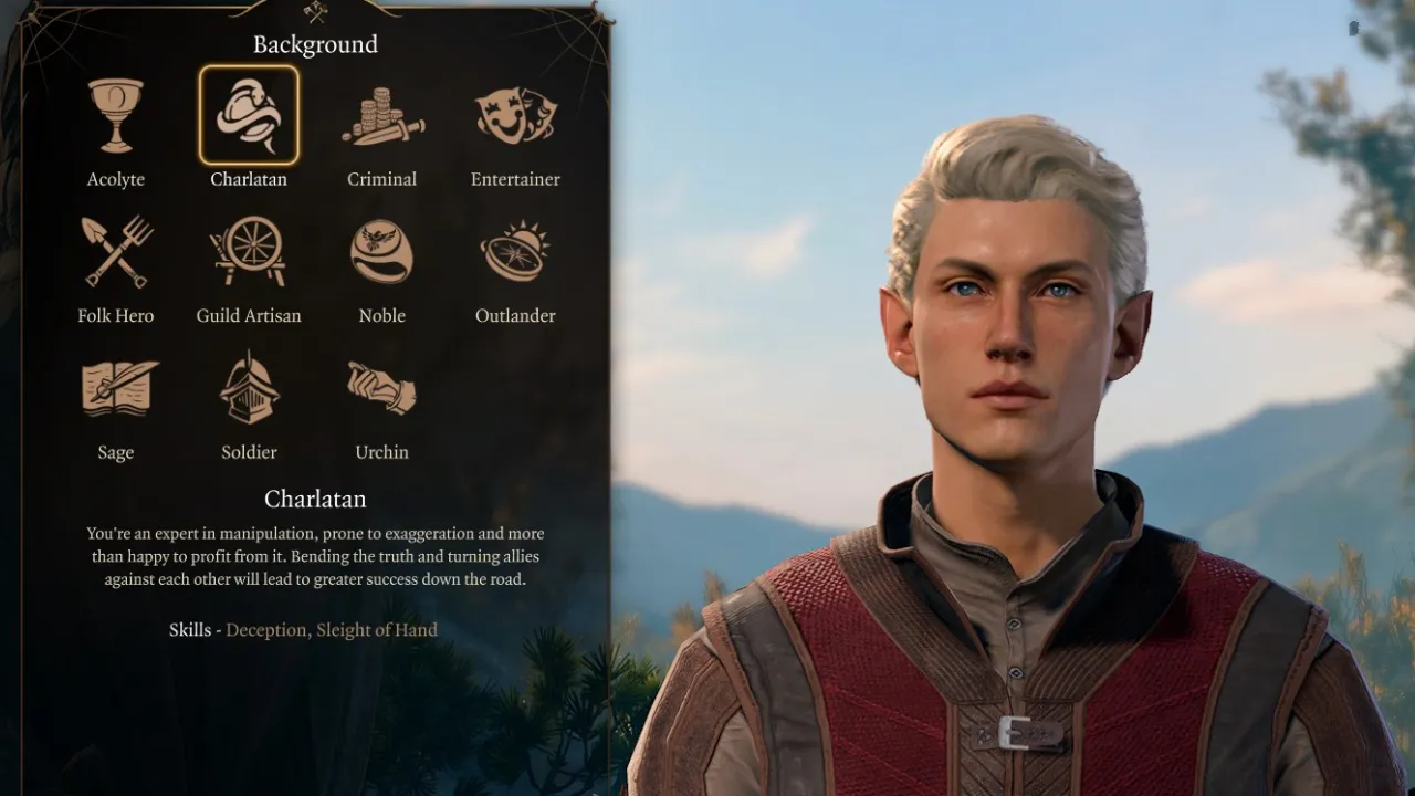 Baldur's Gate 3 un mezz'elfo warlock ciarlatano nel menu di creazione del personaggio
