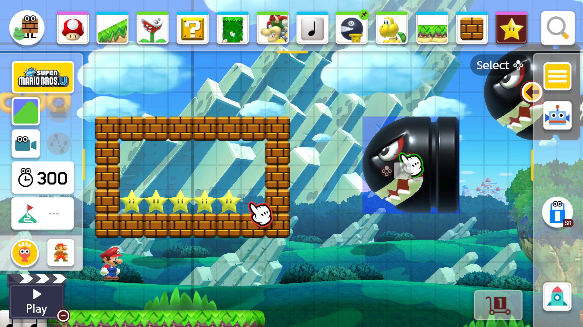 création d'un niveau dans Super Mario Maker 2 avec un Banzai Bill visant un rectangle de briques avec des étoiles d'invincibilité à l'intérieur