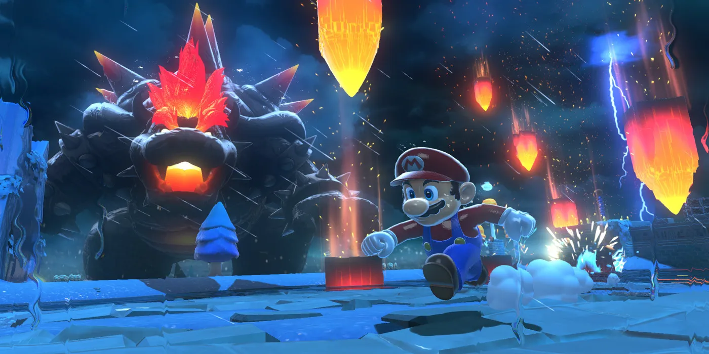 Mario évitant Bowser dans Bowser's Fury