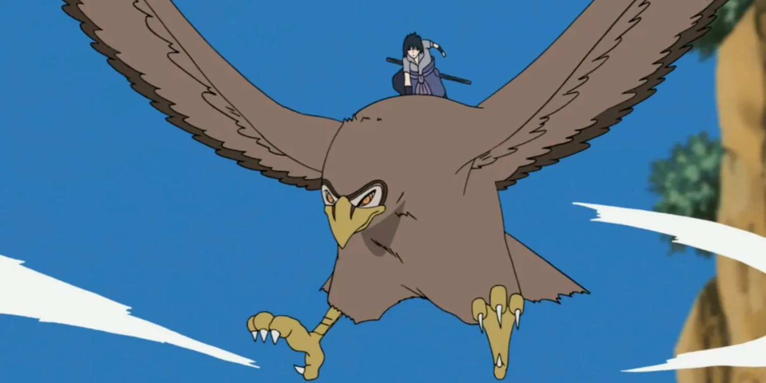Sasuke invocando un halcón en Naruto