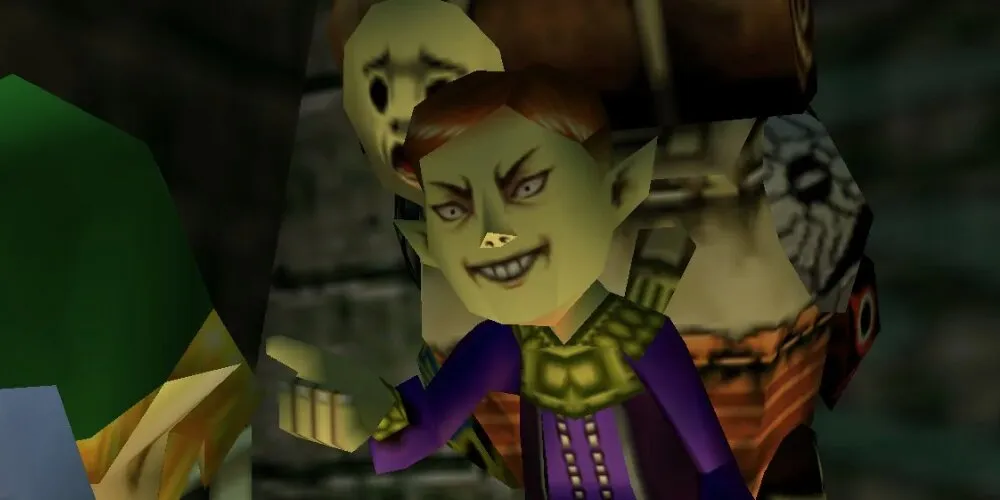 Link hablando con el Vendedor de Máscaras Felices