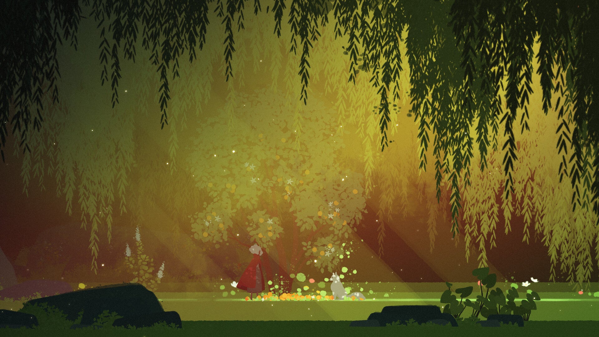Un plan de côté d'un petit personnage en cape et d'un loup se faisant face dans un espace dégagé d'une forêt. Le style est très illustratif, avec des éclats de lumière du soleil traversant l'image.