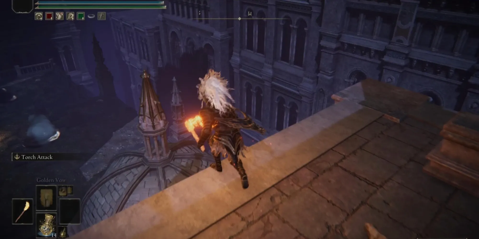 玩家从诺克隆的屋顶跳下，《埃尔登之环》中的画面