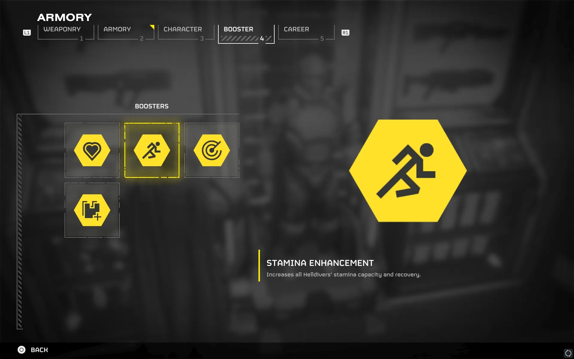 Экран усилителя Выносливости во вкладке Усилителей Helldivers 2