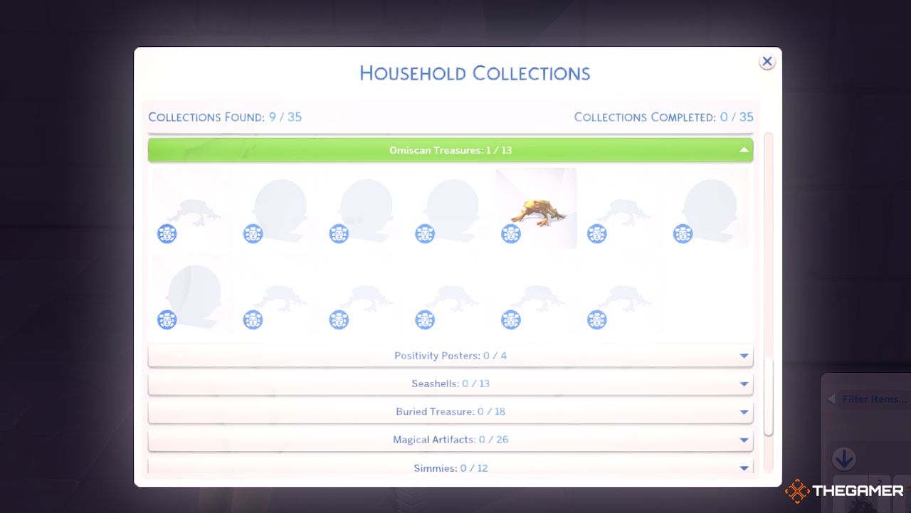 Collection des trésors omiscans dans les collections d'un Sim