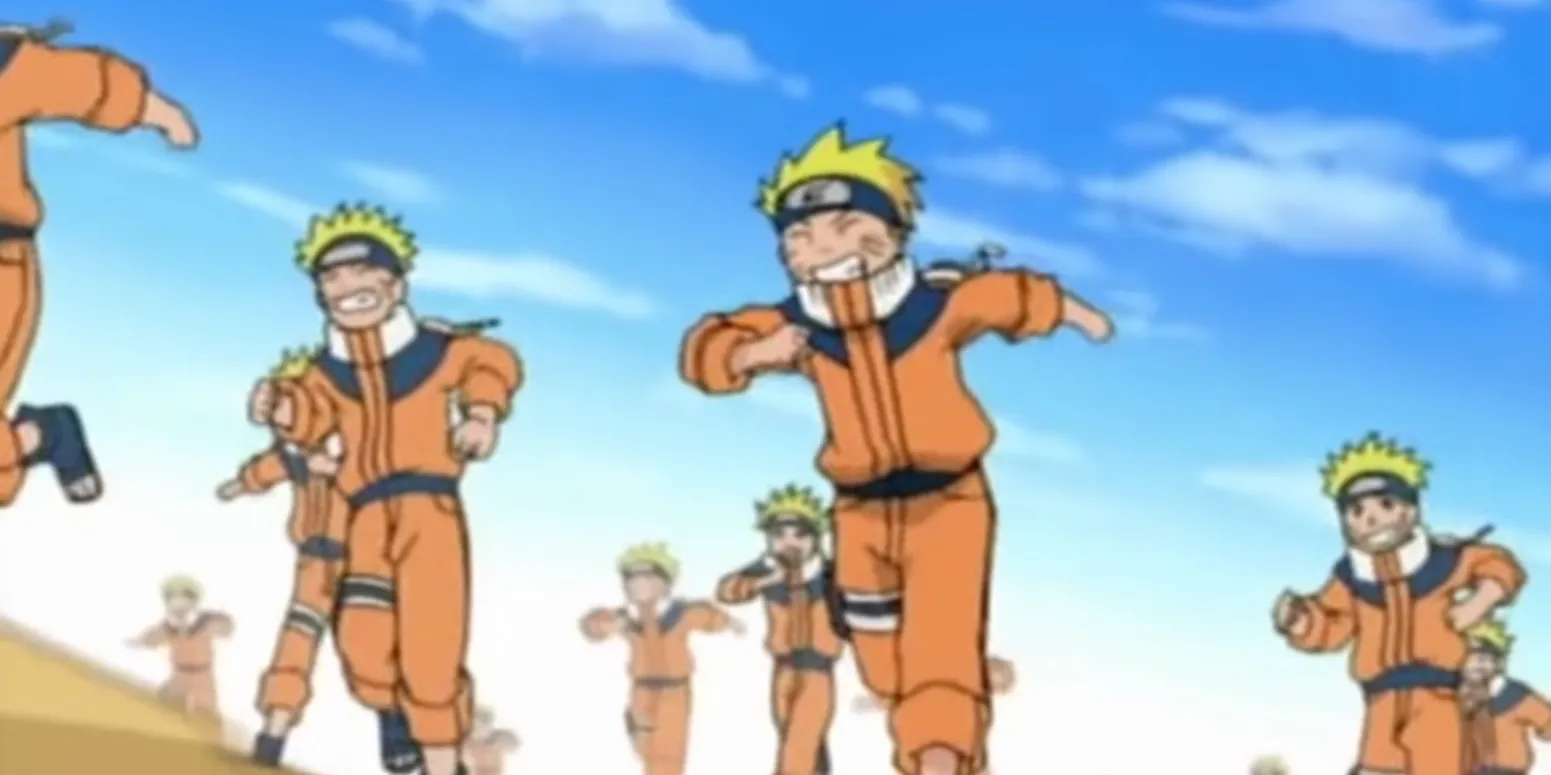 Image Figée de l'Opening 3 de la Série Originale Naruto -Transformer la Tristesse en Gentillesse- Avec Plusieurs Narutos Courant en Ligne