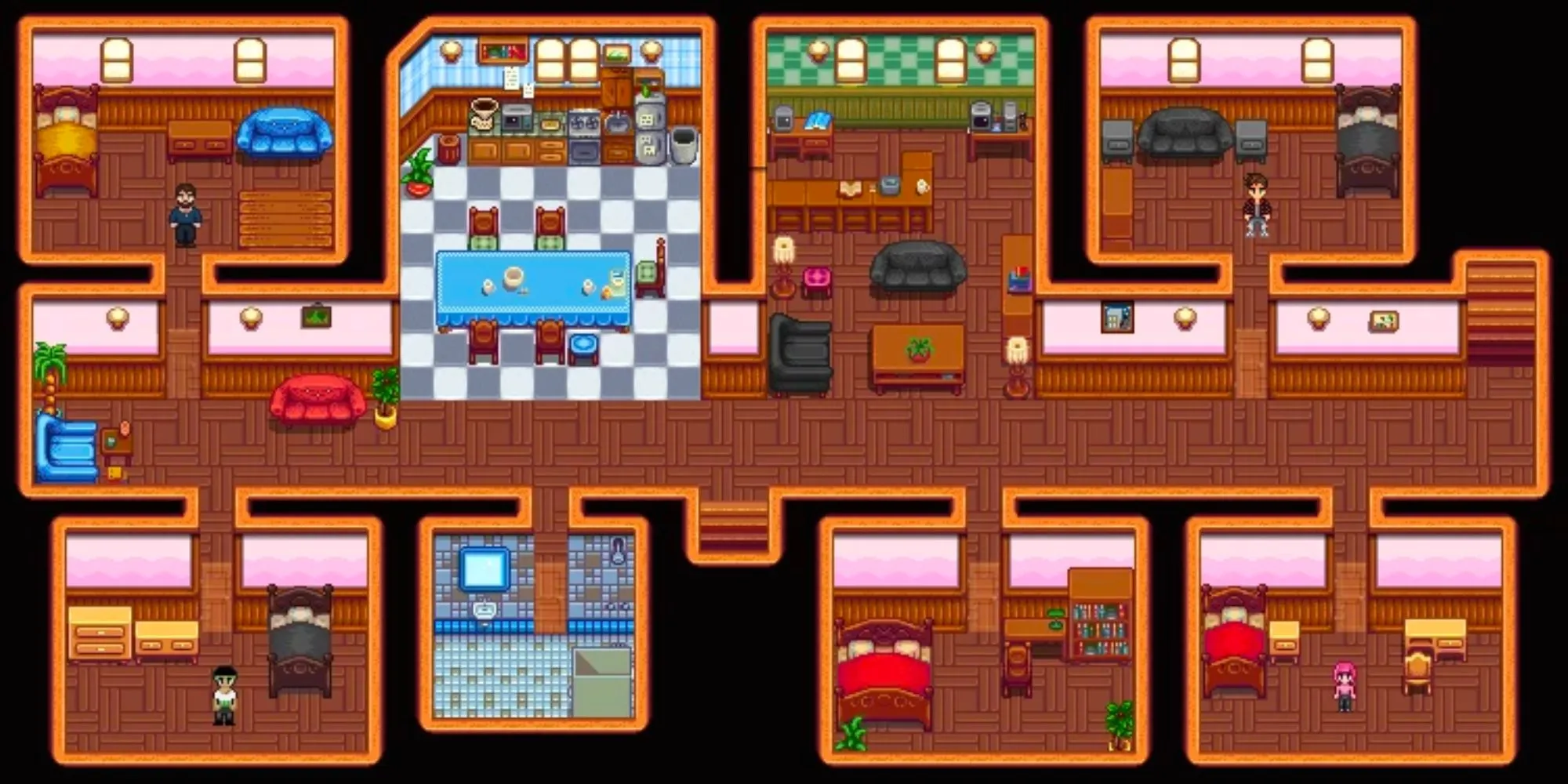 Stardew Valley Boarding House with eight rooms and various NPCs