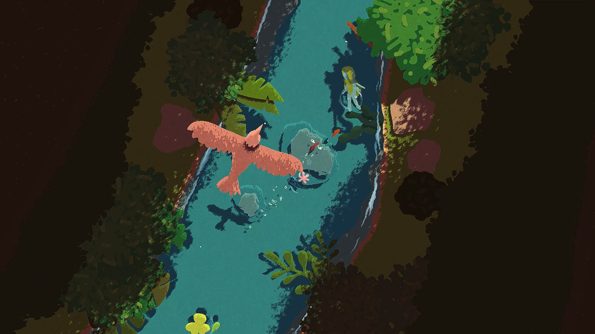 L'impressionniste Naiad. Une vue de dessus d'un personnage semblable à une sirène nageant sur le dos dans un cours d'eau, avec des arbres et des arbustes de chaque côté, et un oiseau qui interfère dans notre vue d'en haut. Les couleurs chaudes et pastel rendent l'image très agréable.