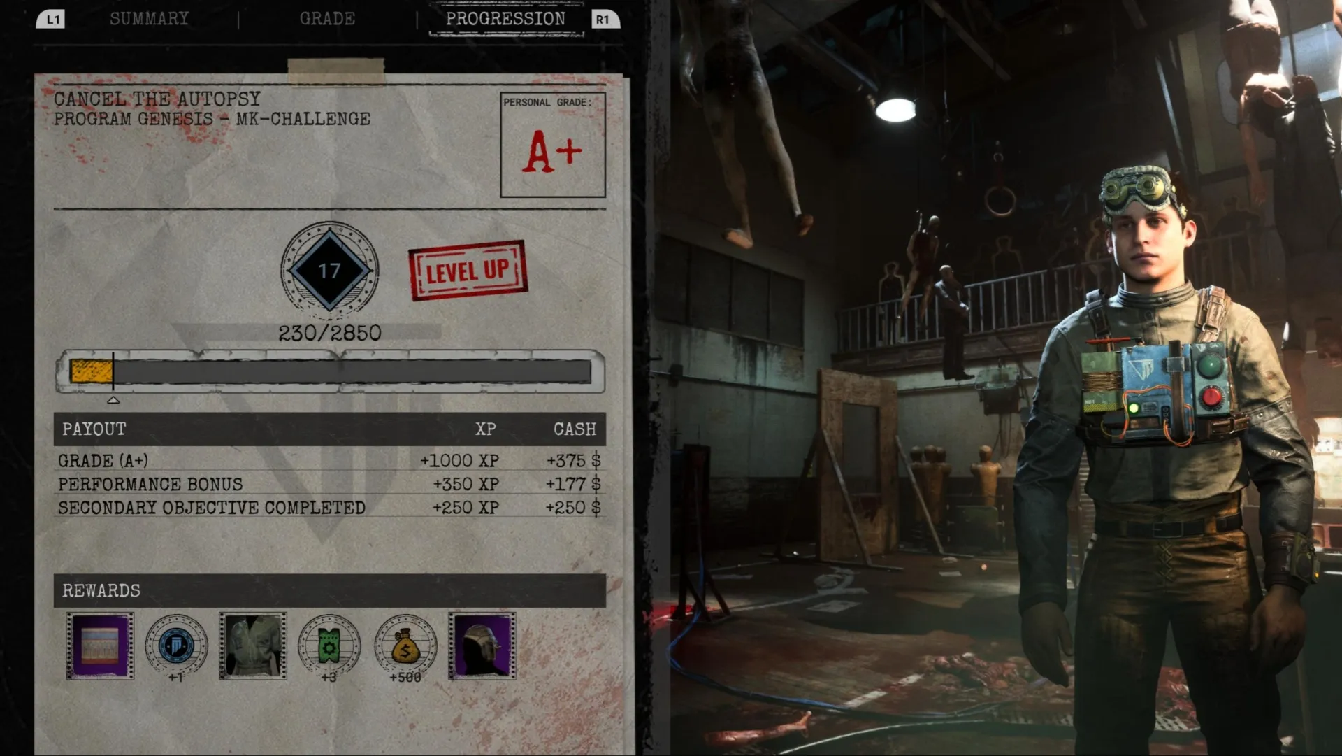 Earning an A+ rank on Cancel The Autopsy, showcasing the rewards earned in The Outlast Trials.