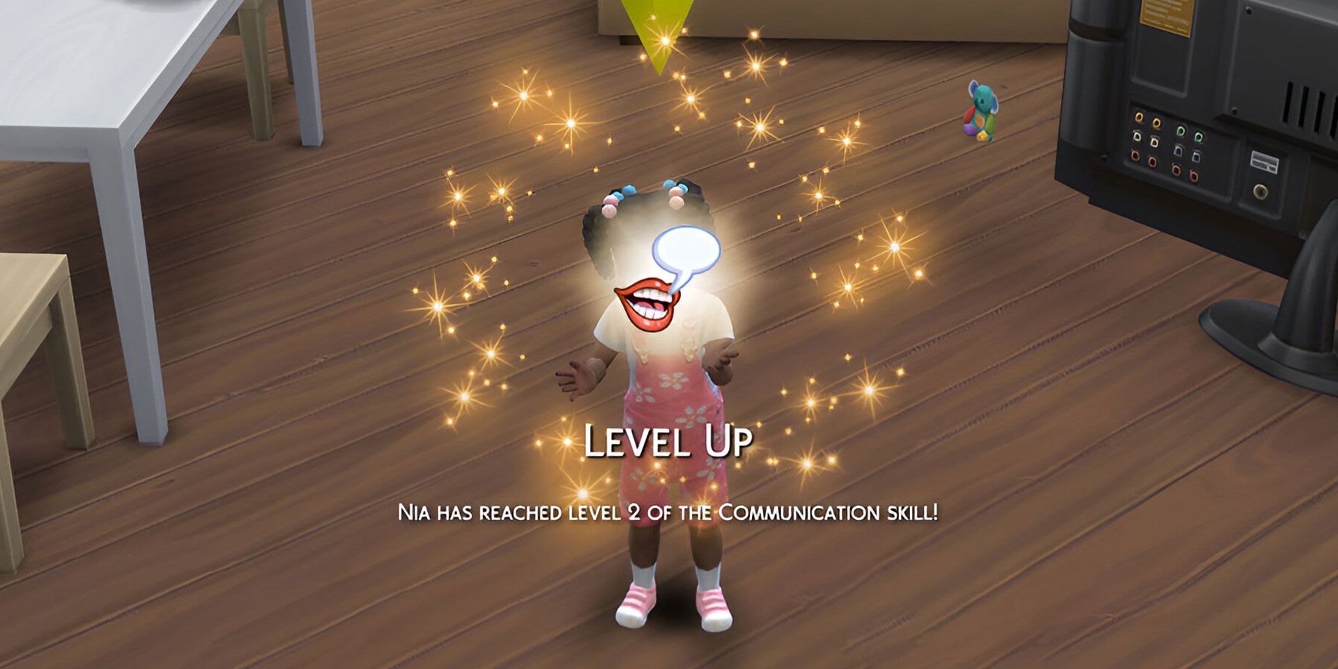 The banner for leveling up a toddler's Communication skill in The Sims 4.
