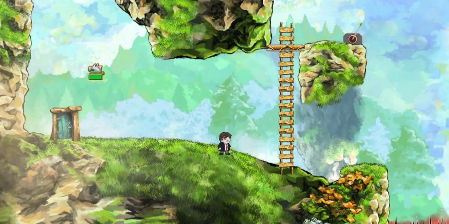 Пиксельный персонаж стоит рядом с лестницей на траве