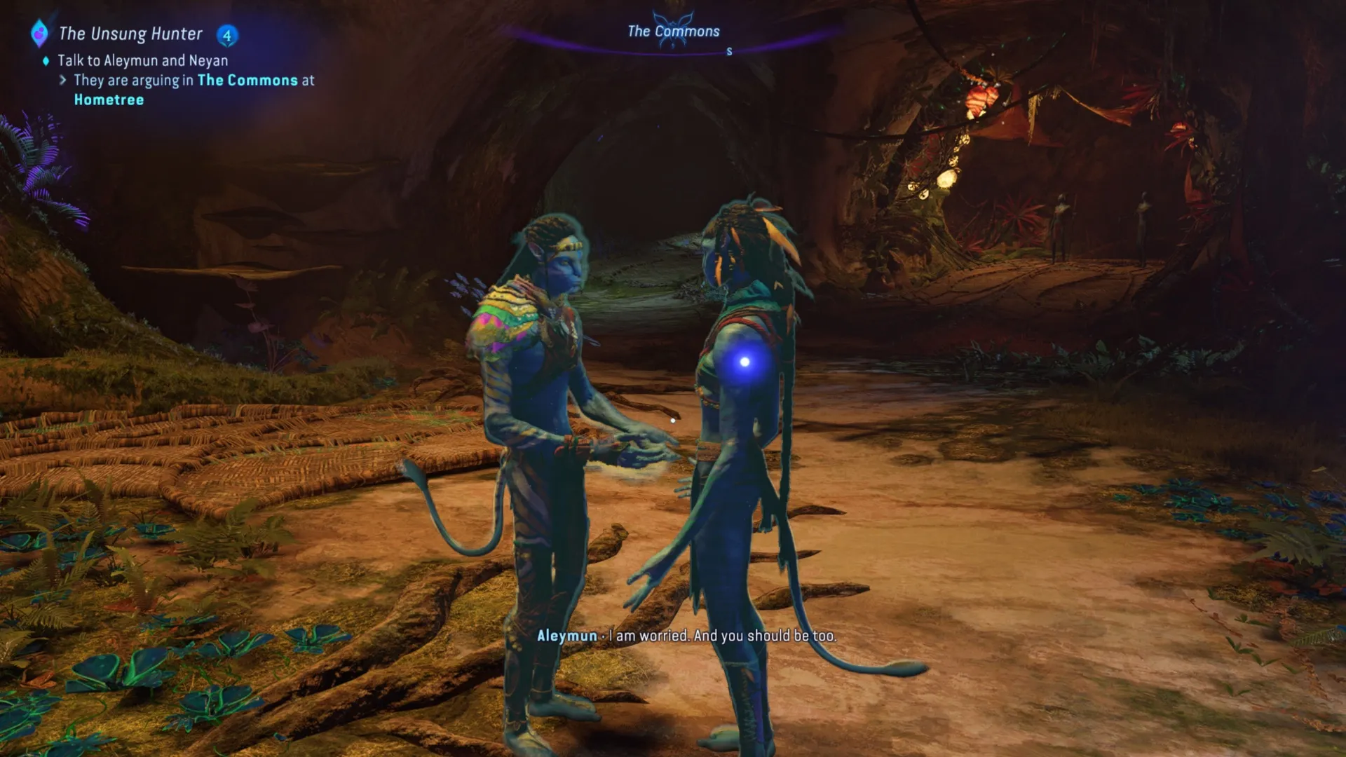 Aleymun e Neyan che parlano tra loro al secondo piano dell'Hometree in Avatar: Frontiers Of Pandora