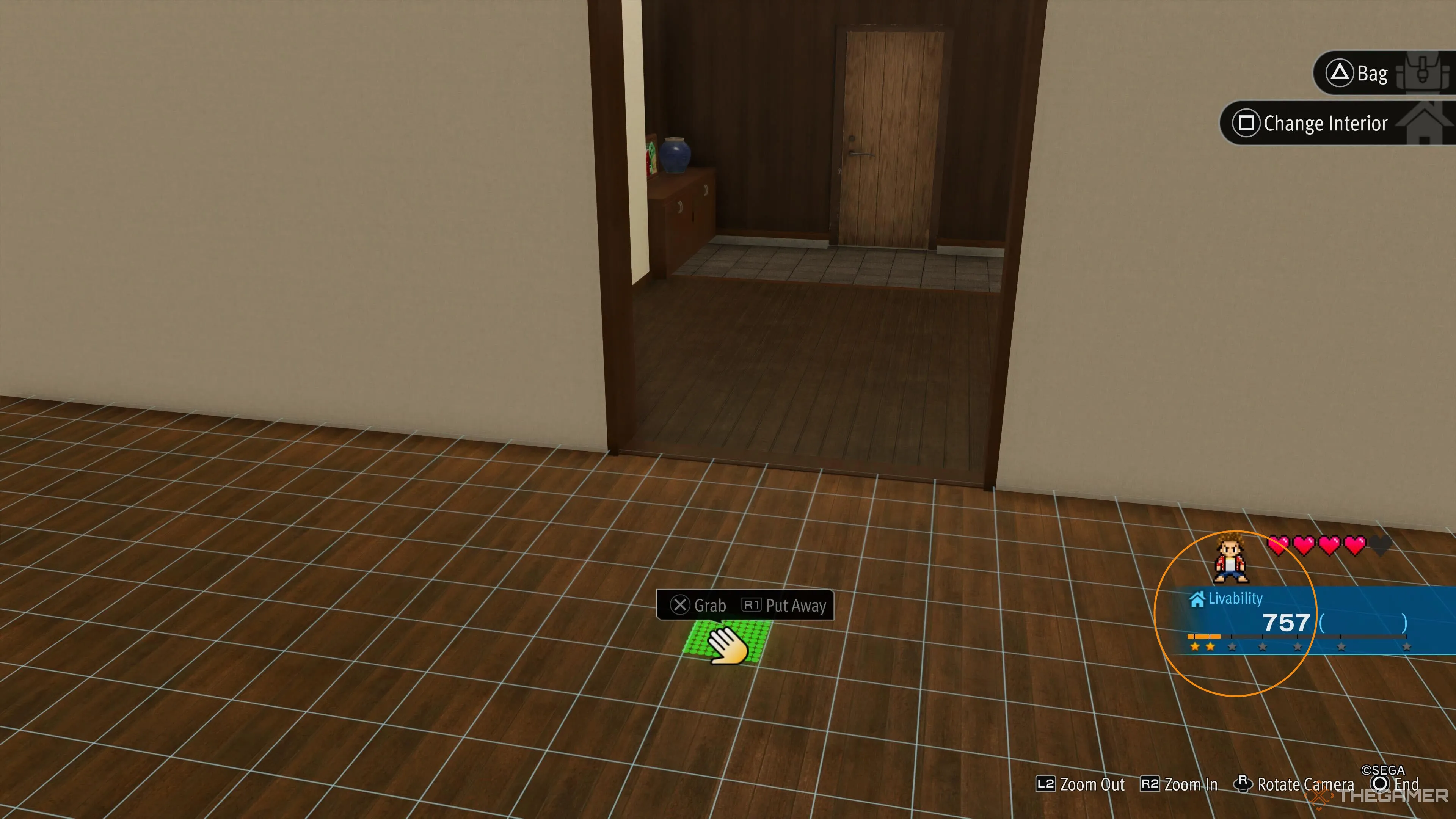 《如龙无限财富》游戏截图，显示了Dondoko岛上Kasuga的房屋编辑画面，周围有一个橙色圆圈