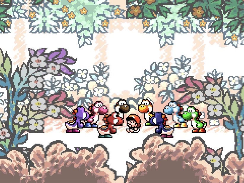 Una folla di Yoshi si raduna attorno al piccolo Mario in un bosco dai colori pastello