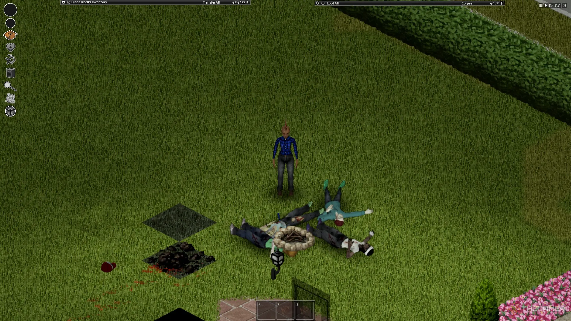 Una captura de pantalla de Project Zomboid que muestra cuatro cadáveres de zombies rodeando una fogata
