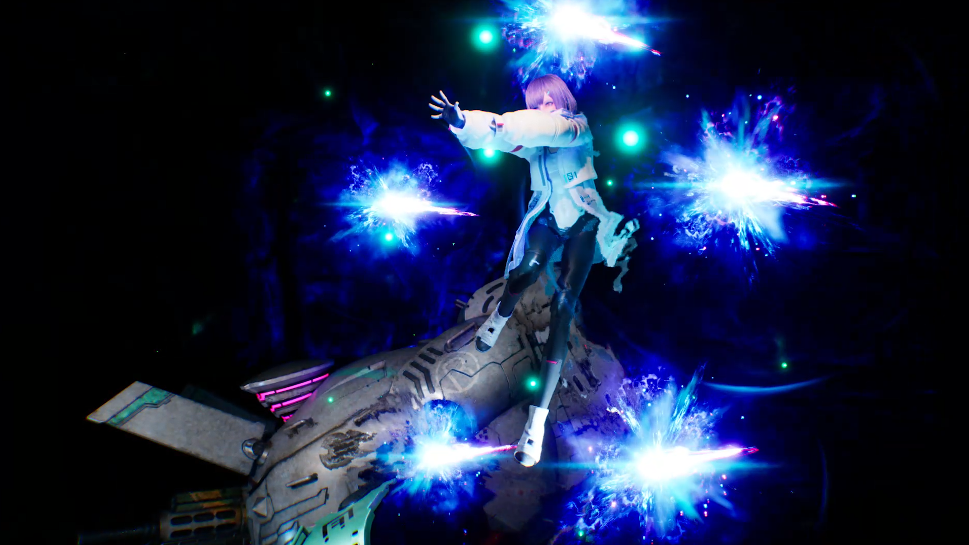 Personnage anime féminin AI Magus invoque des orbes laser bleus à côté d'un mech bipède