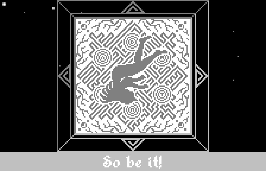 《Void Stranger》中一个呈展开人体形状的方块。屏幕下方写着“So be it！”