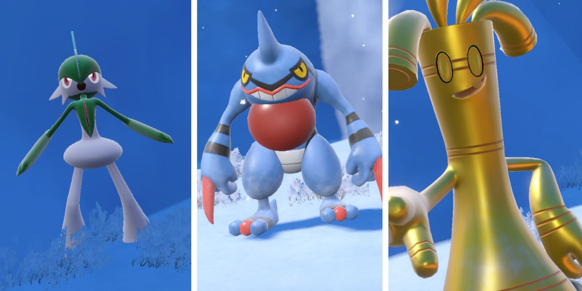 Trois captures d'écran de Gallame, Coatox et Corvaillus dans Pokémon Écarlate et Violet