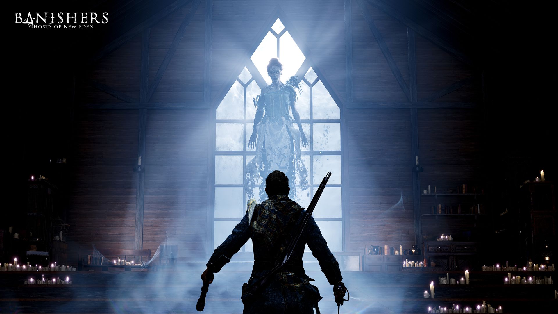 Мужчина, несущий оружие, стоит перед говорящим, светящимся призраком, вокруг которых стоят свечи в игре Banishers: Ghosts of New Eden
