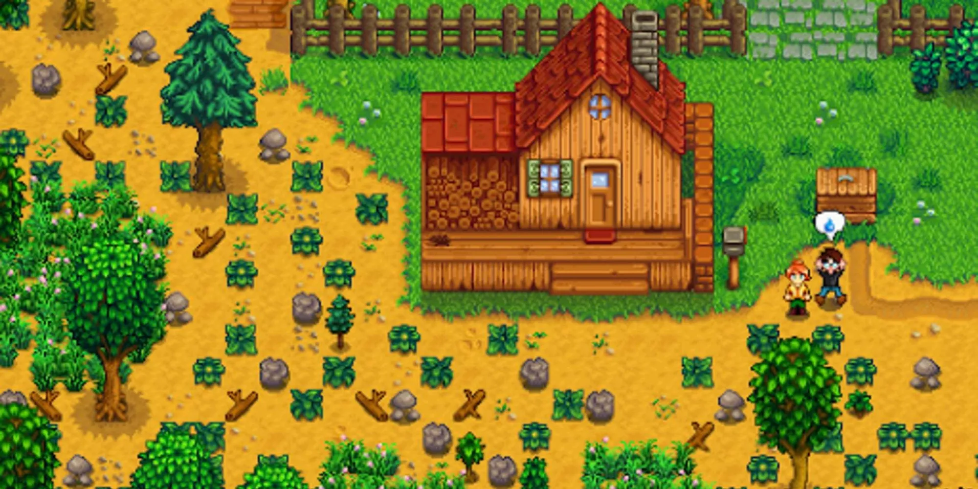 игрок смотрит на свою заросшую ферму с Робин