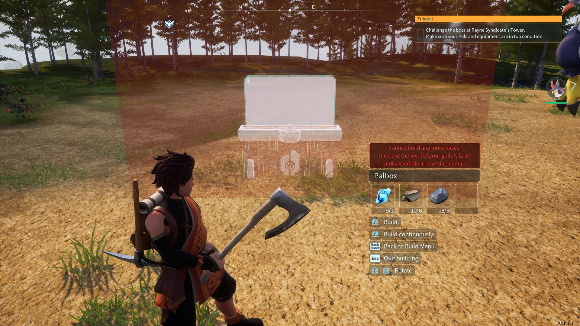 在Palworld中，一位Palworld英雄站在一个箱子旁边，试图搬迁基地。