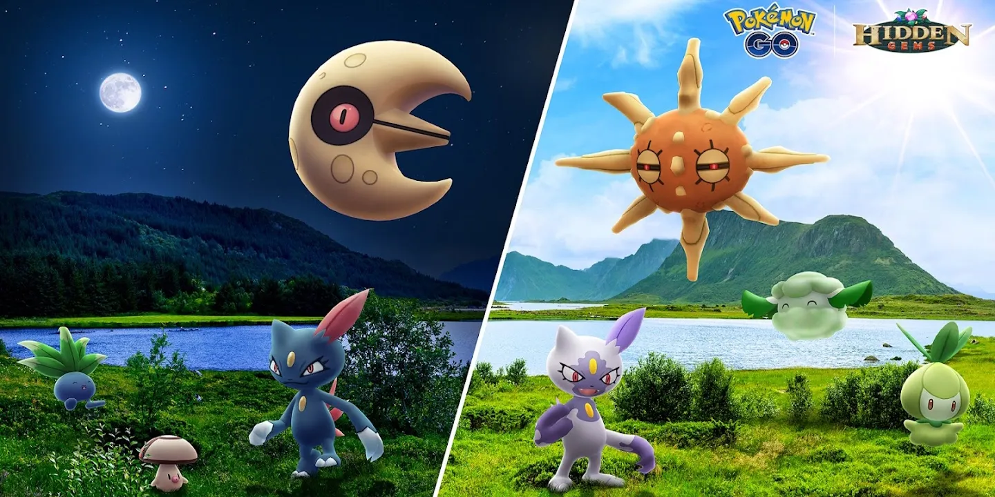 Immagine di Lunatone e altri Pokemon di notte divisa con un'immagine di Solrock e altri Pokemon durante il giorno