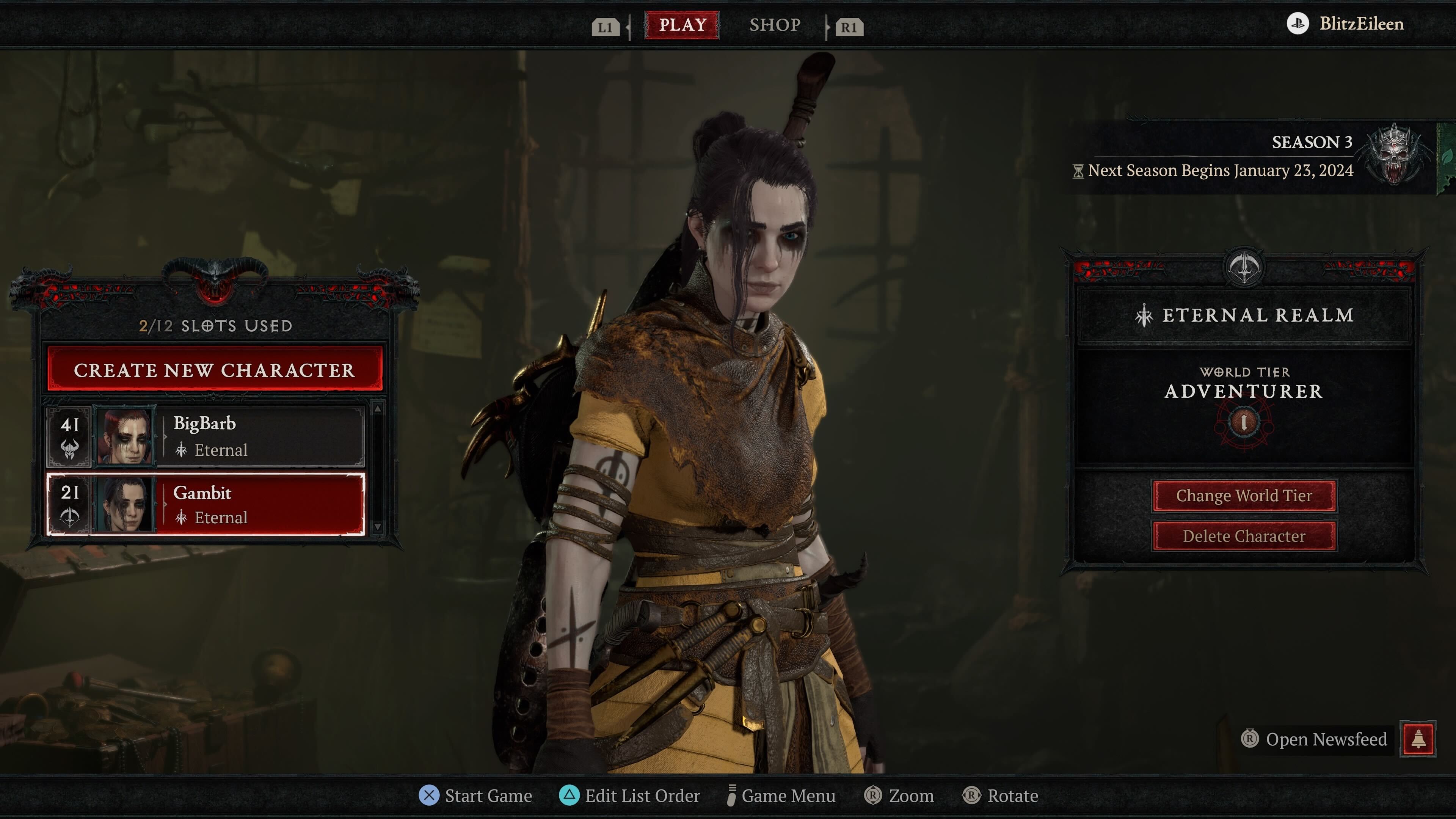 Экран выбора персонажа Diablo 4