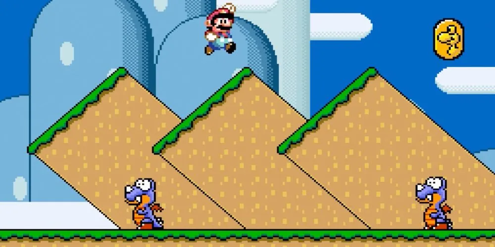 Mario saute sur des Rexes dans Dinosaur Land.