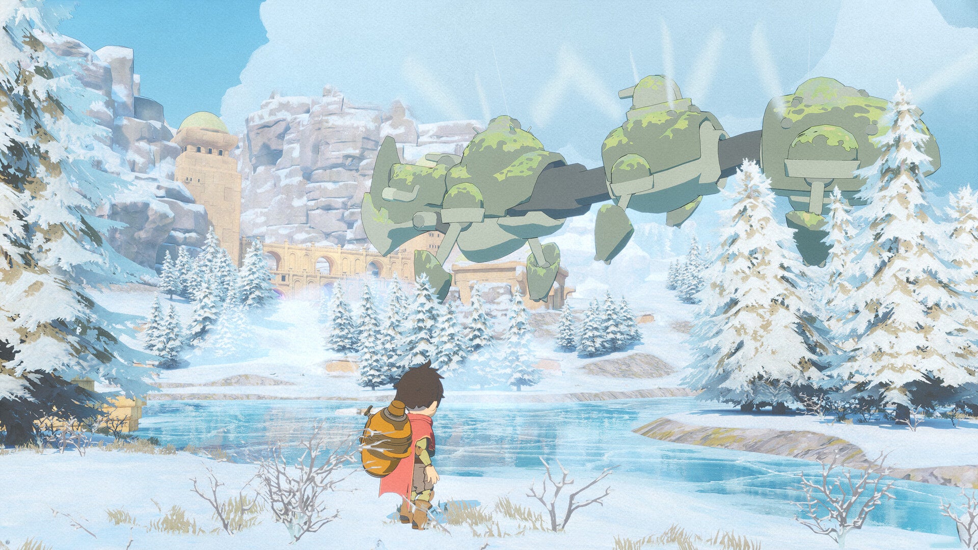 Un garçon se tient dans la neige, regardant une créature volante composée de trois grosses boules rondes. Cela pourrait être une machine. Toute la scène est dessinée de la même manière qu'une animation du Studio Ghibli - avec des couleurs vives mais adoucies, presque comme de l'aquarelle.
