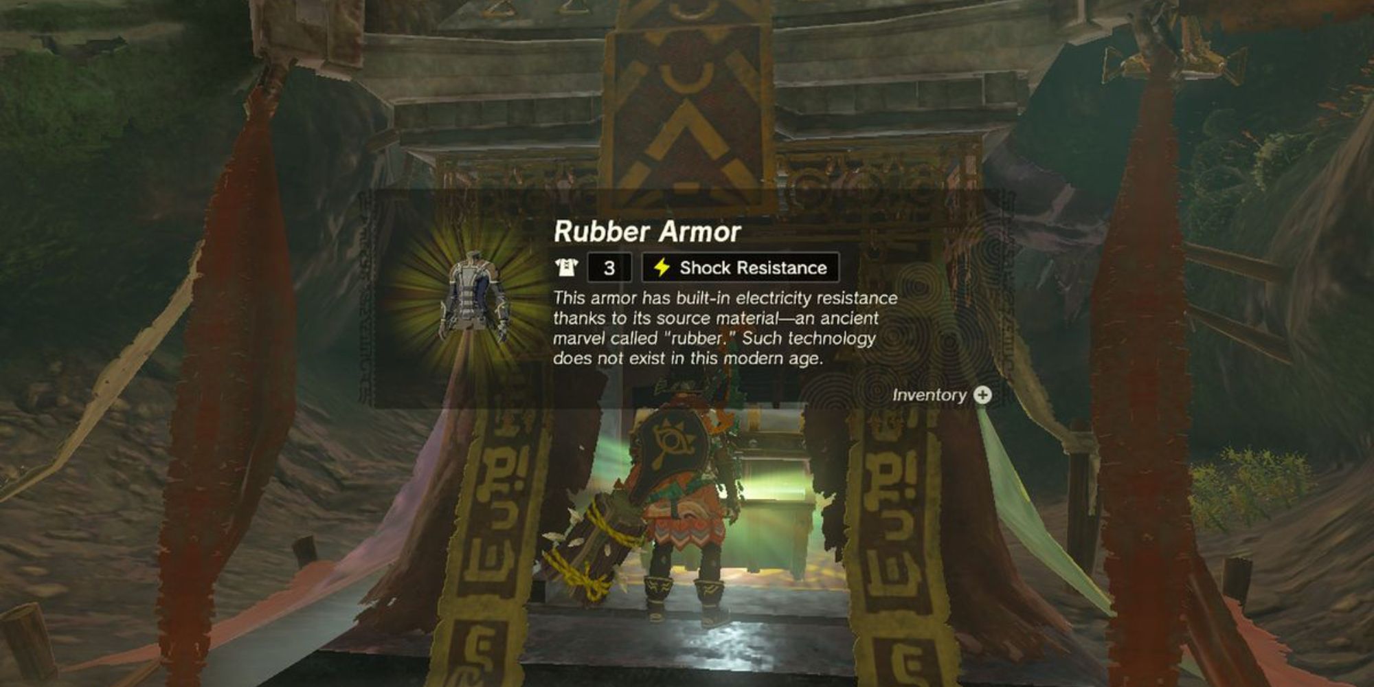 Link che ottiene l'Armatura di Gomma da un baule del tesoro