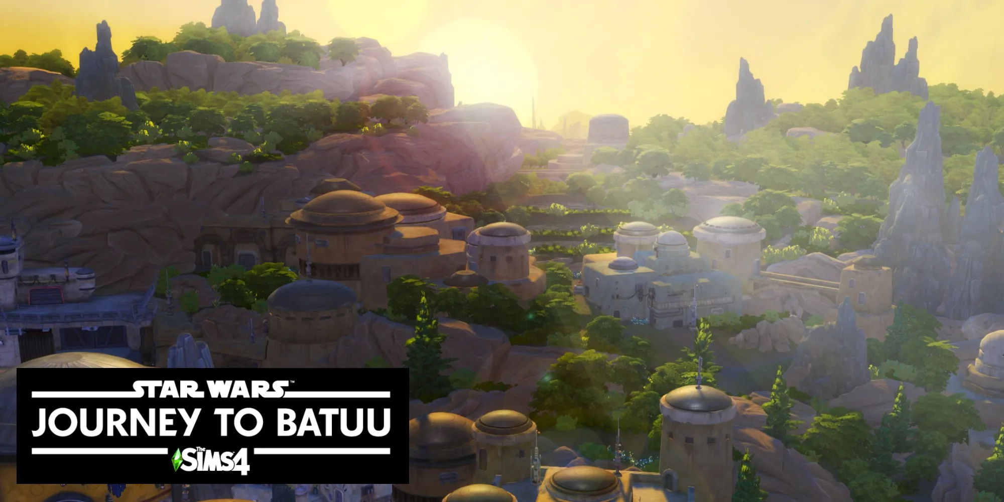 Une photo du lever de soleil dans le monde chaud de Batuu dans Les Sims 4.