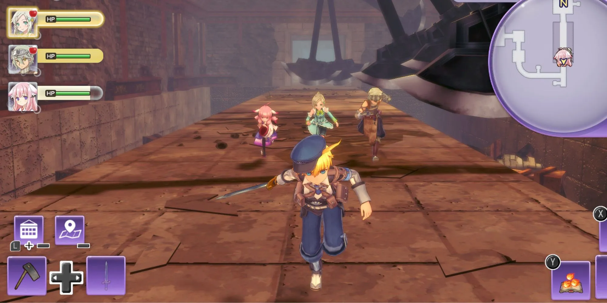 Le joueur qui traverse un donjon suivi de trois compagnons dans Rune Factory 5