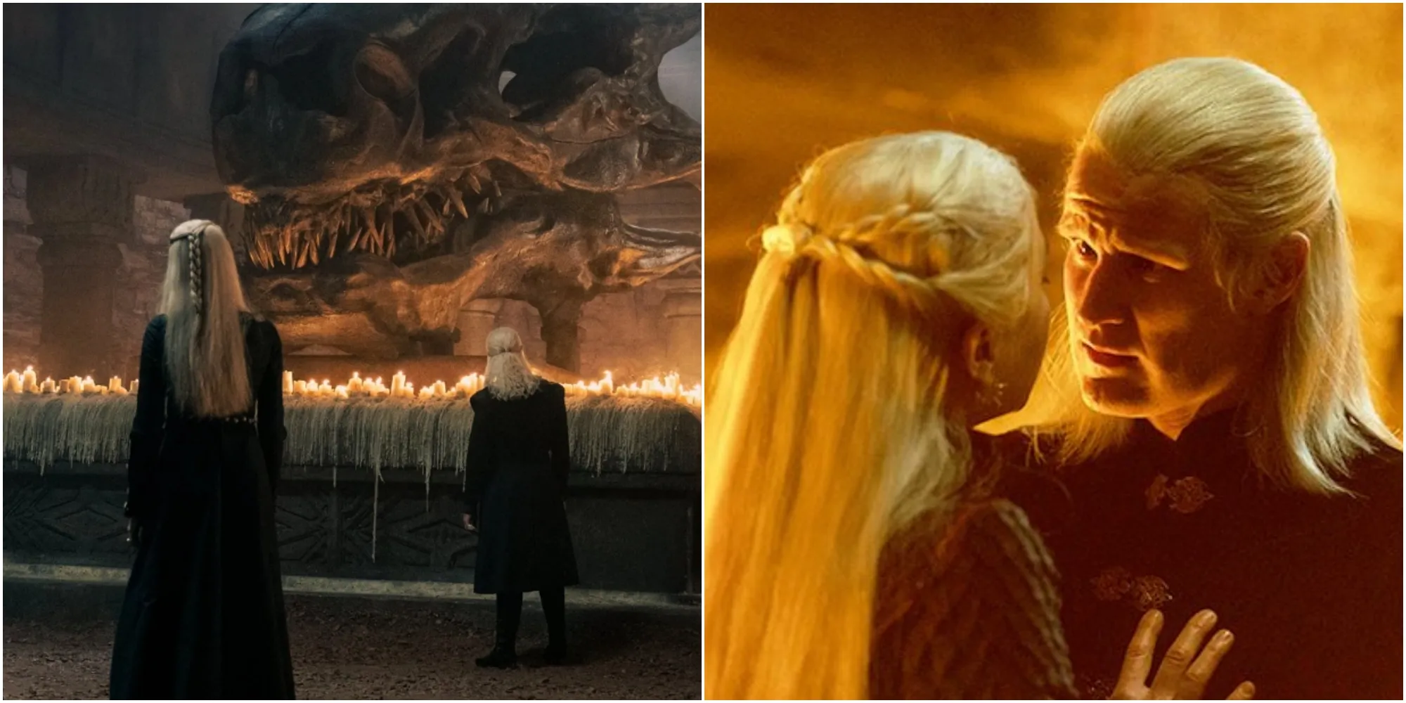 Image divisée de Rhaenyra et Viserys devant le crâne de Balerion et Daemon et Rhaenyra dans House of the Dragon