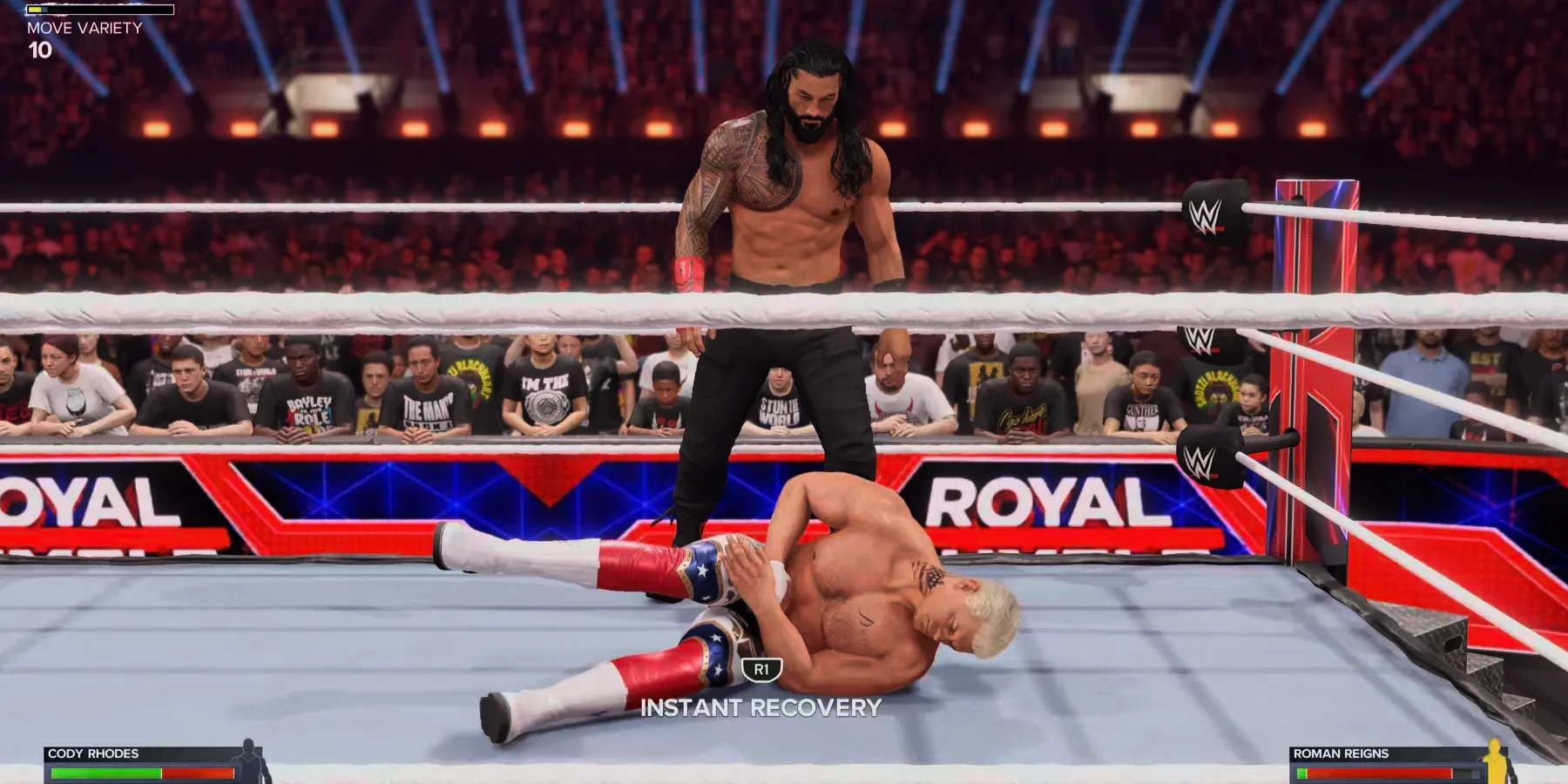 WWE 2K24 Roman attacca Cody a terra