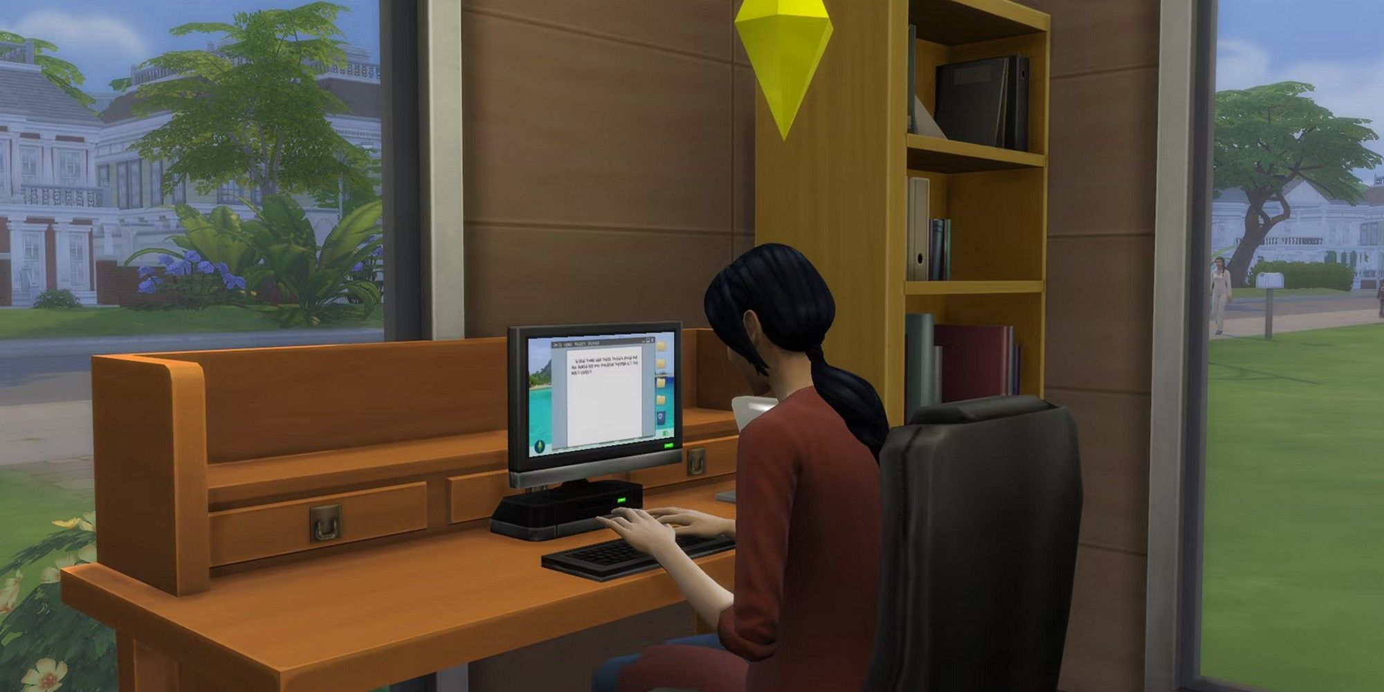 Sim seated at a computer writing