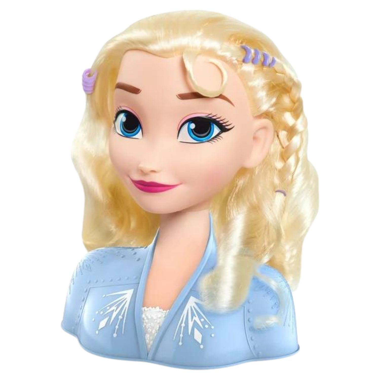 Questa immagine mostra una testa di plastica di Elsa e il suo torso superiore con capelli biondi che spuntano da essa.