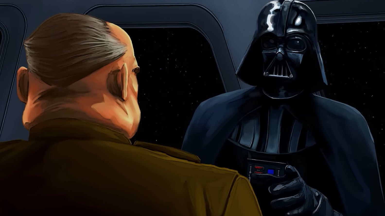 Uno screenshot di Star Wars: Dark Forces Remaster che mostra una scena in-game illustrata di Darth Vadar che parla con uno dei suoi ufficiali.