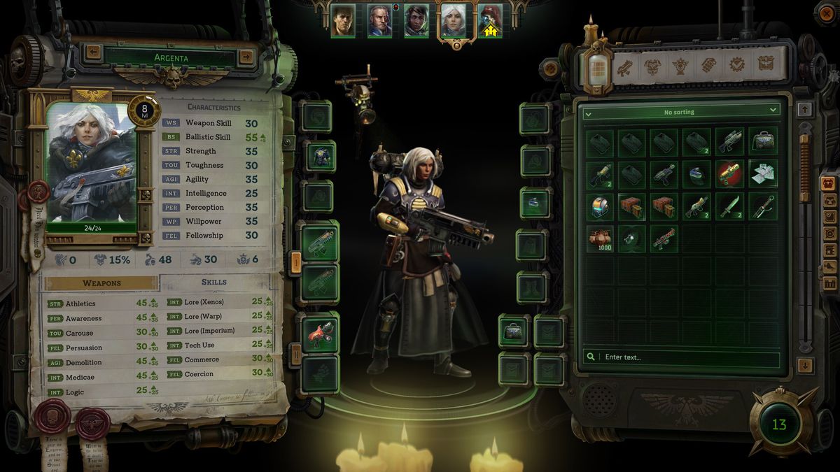 Argenta, una Hermana de Batalla, en la pantalla de selección de compañeros de Warhammer 40,000: Rogue Trader