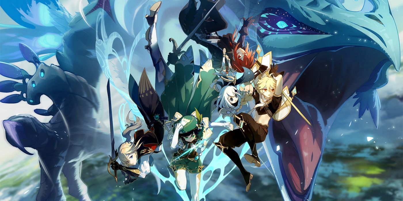 Ilustración de Genshin Impact con Venti, Jean, Traveler, Diluc y Dvalin en el aire