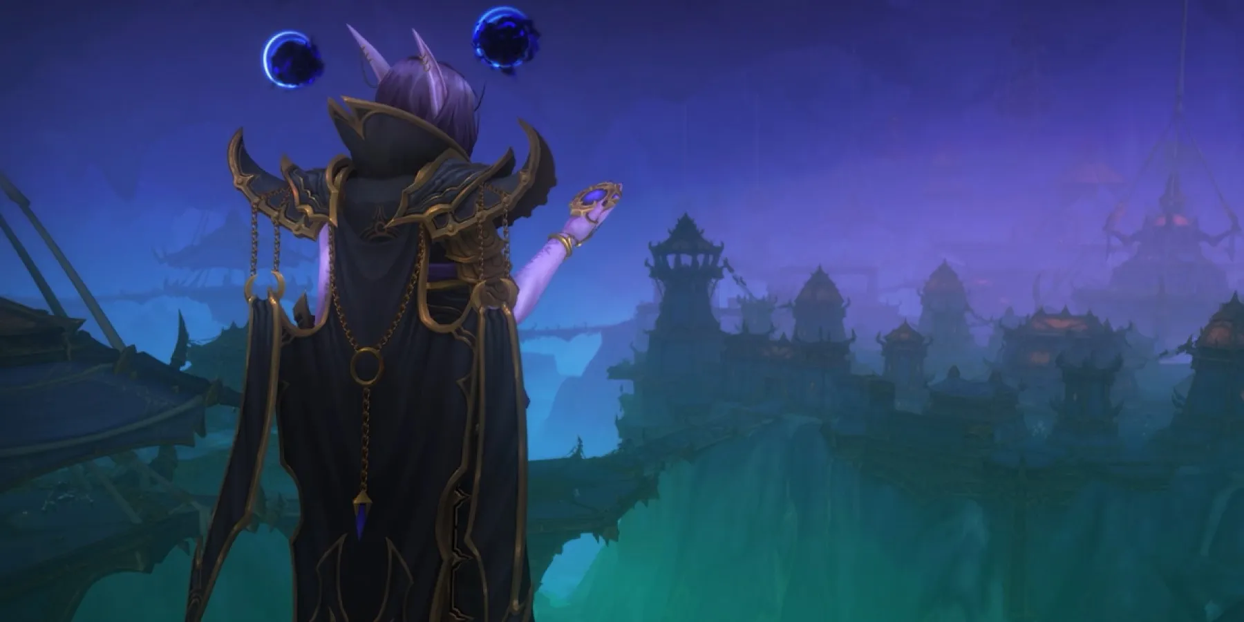 xal’atath the harbinger looking at the disc artifact over a nerubian city