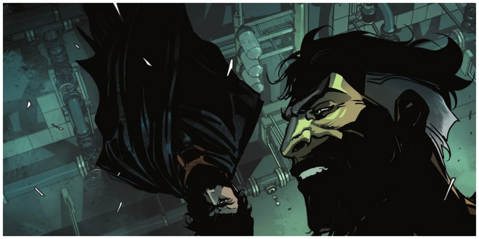 Bruce Wayne colgado boca abajo detrás de Ra’s Al Ghul