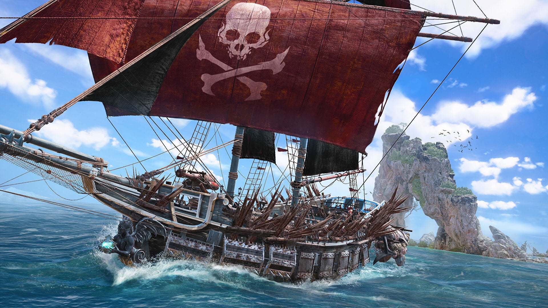 《骷髅与骨头》的宣传图片，上面显示着一艘带有深红色帆的大型木质船只在明朗的蓝天下破浪前行。