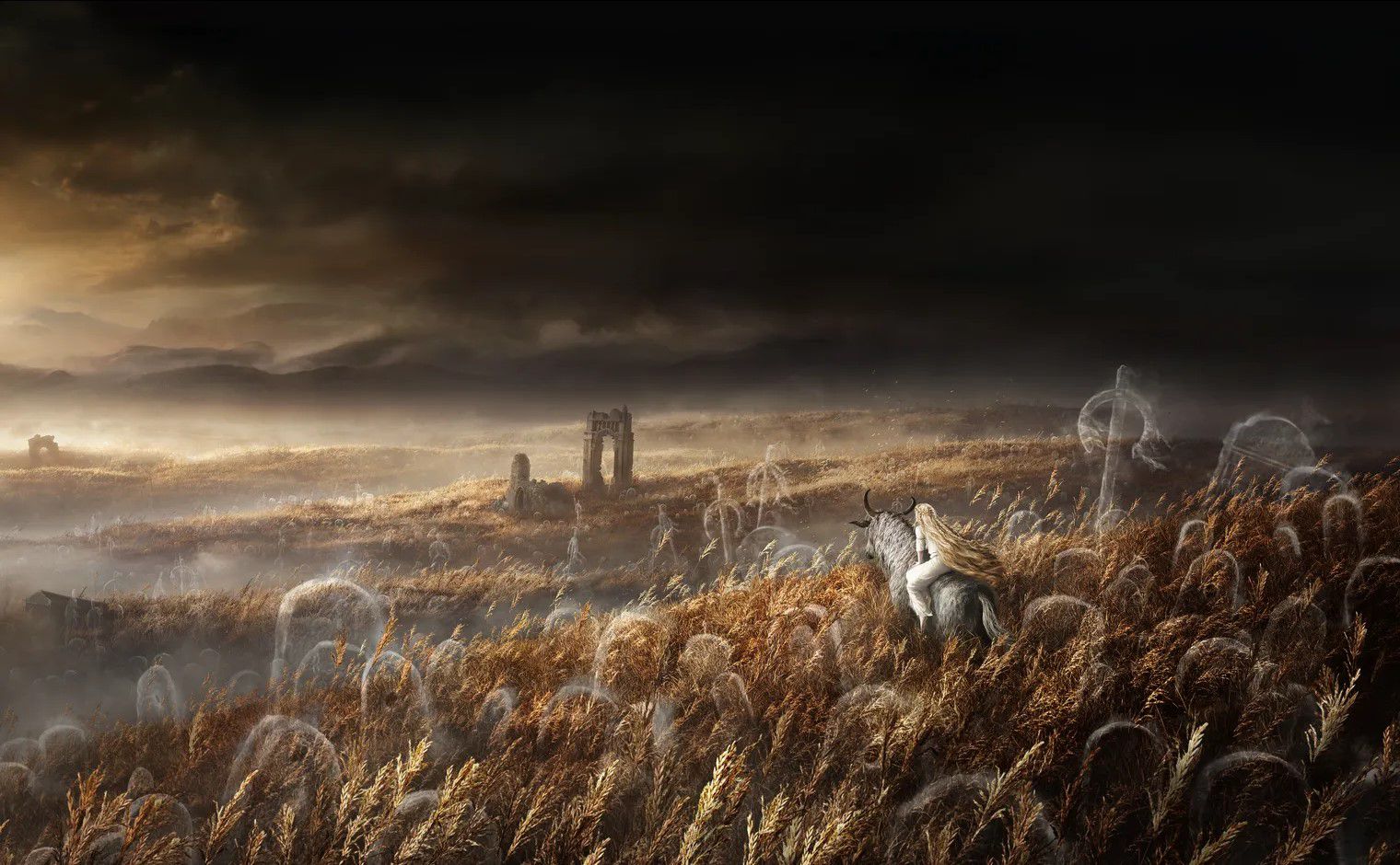 하얀 머리카락을 가진 사람이 뿔난 짐승을 타고 안개와 유령같은 풍경을 향해 가고 있는; 죽어가는 에르트리가 안개로 둘러싸인 풍경 위에 서있다.