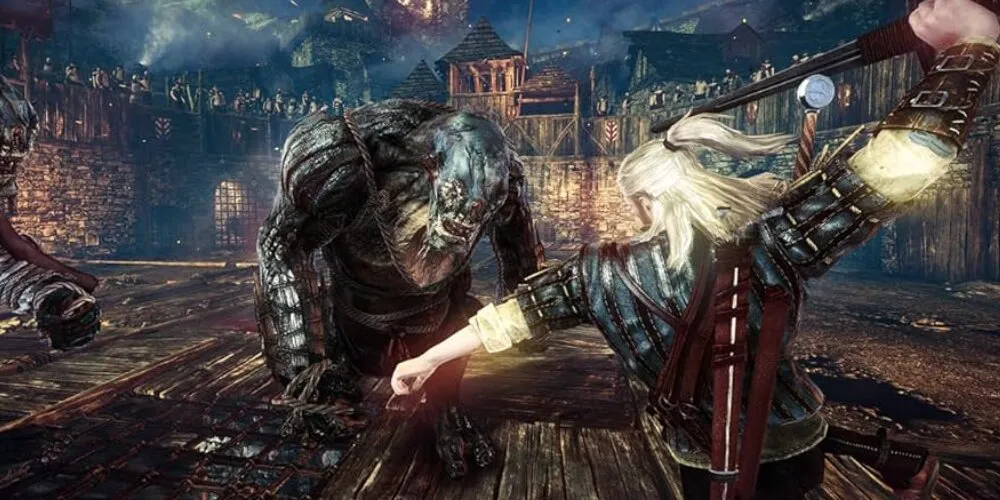 Geralt che colpisce un troll