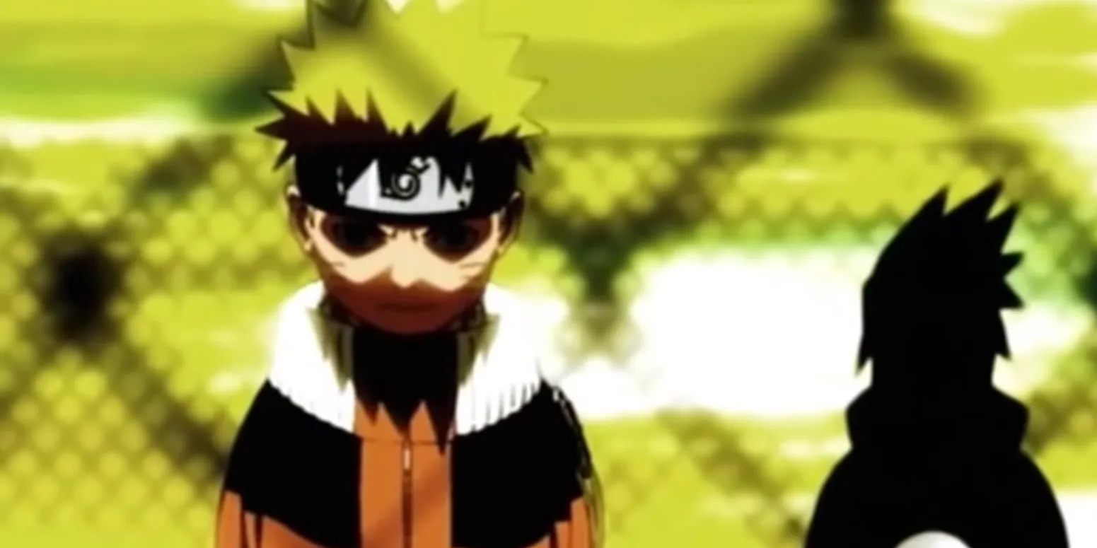 Image fixe de Naruto Opening 5 - Rhapsody of Youth - avec Naruto ayant l'air sérieux et Sasuke tout aussi sérieux derrière lui