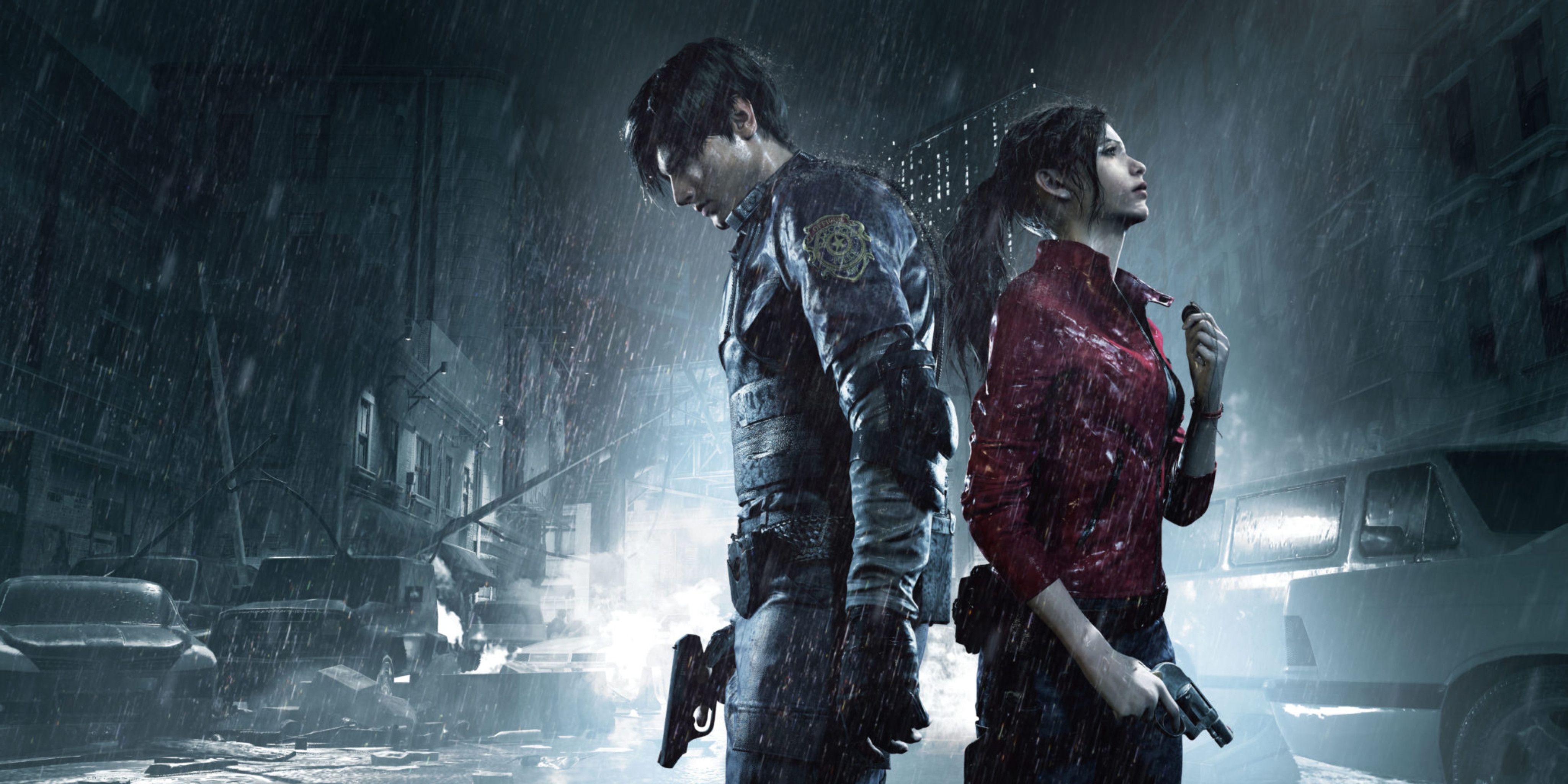 レオンとクレアが破壊されたラクーンシティで銃を持って雨の中を歩く