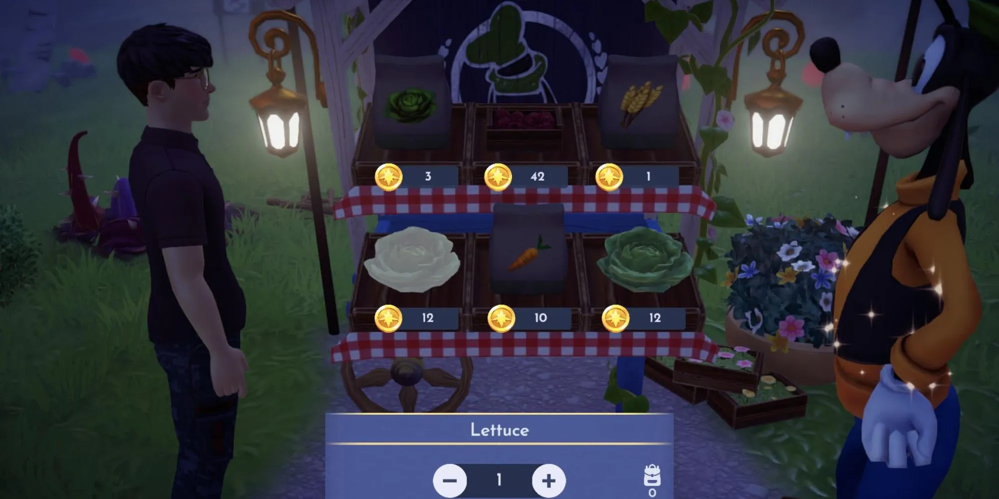 生菜选择屏幕，显示六种蔬菜，高飞和玩家角色在迪士尼梦光谷背景中相互看着