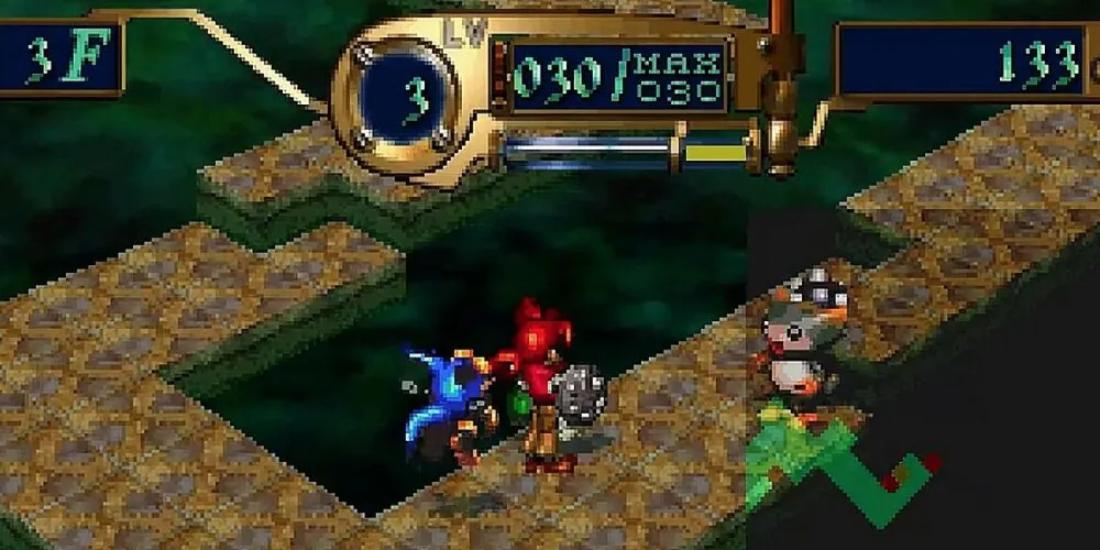Игрок идет по подземелью с монстром в фоне в Azure Dreams