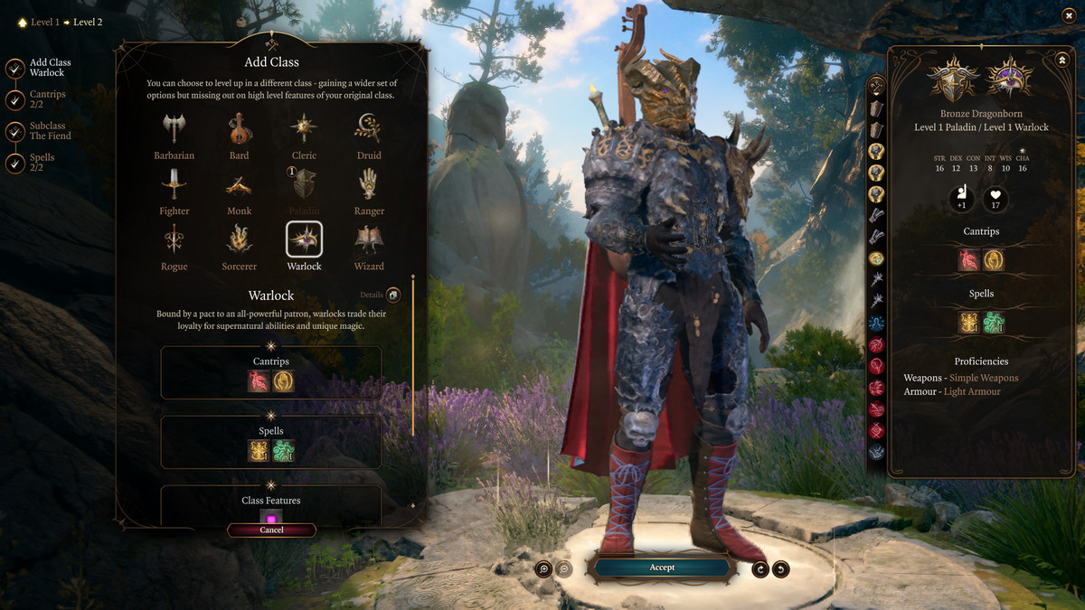 Dragonborn Paladin stands in the multiclass select screen in Baldur’s Gate 3