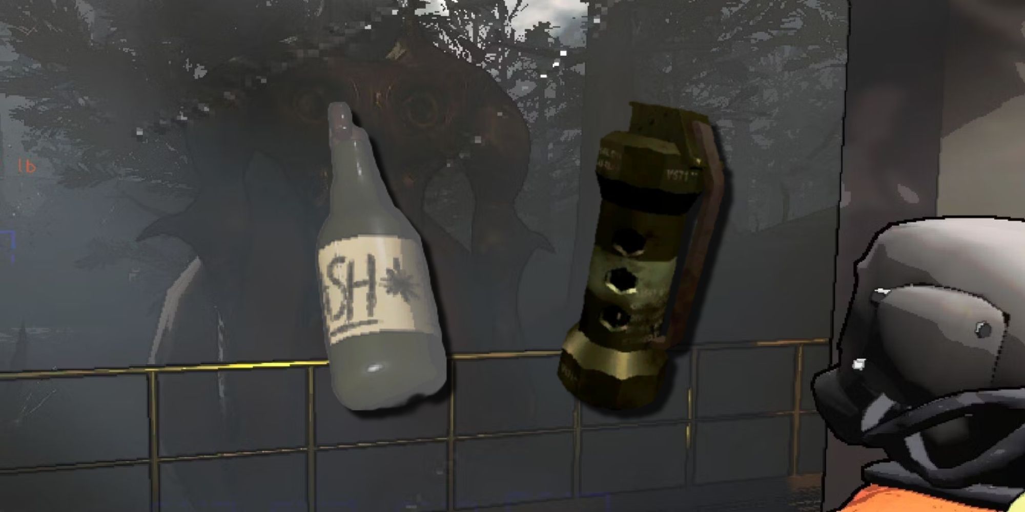 背景为一名森林守护者，配有游戏中的闪光弹和闪光手榴弹的图像